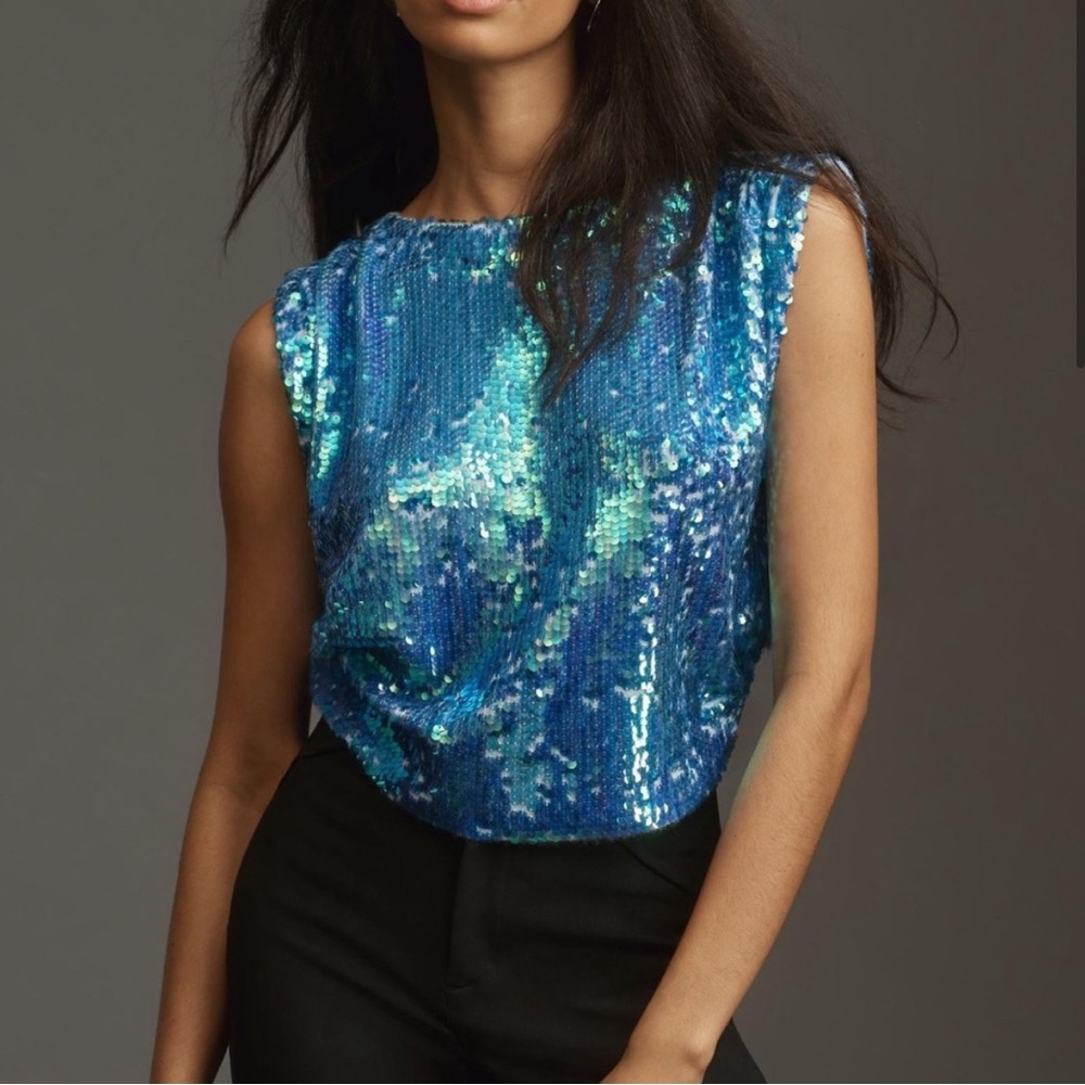 Anthropologie Pilcro Sequin Muscle Cashmere Sweater Vest Size M Blue